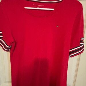 Tommy Hilfiger Red Tee with Navy & White Stripe Collar